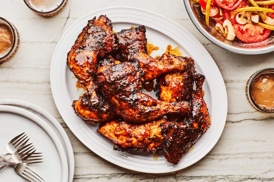 Grilled Chicken with Mustard Barbecue Sauce and Tomato Salad