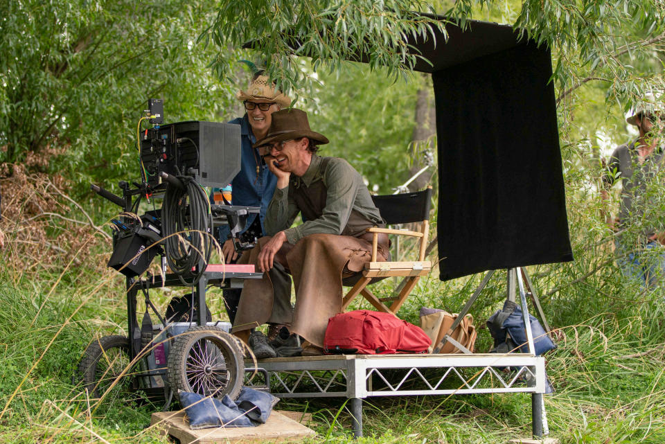 Jane Campion, left, and Benedict Cumberbatch on the set of The Power Of The Dog (Kirsty Griffin/Netflix/PA)