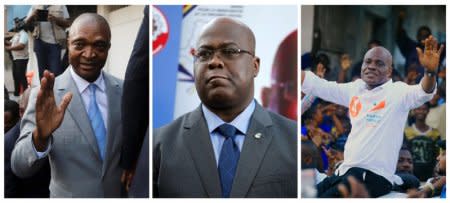 A combination of file photos of Former Congolese interior minister Emmanuel Ramazani Shadary (L) at the Congo's electoral commission head offices in Kinshasa in Democratic Republic of Congo on August 8, 2018, Felix Tshisekedi (2-L), leader of Congolese main opposition the Union for Democracy and Social Progress (UDPS) party during the news conference in Nairobi in Kenya on November 23, 2018 and Congolese joint opposition Presidential candidate Martin Fayulu (R) in Goma, North Kivu Province of the Democratic Republic of Congo on December 6, 2018. REUTERS/Kenny Katombe, Baz Ratner, Samuel Mambo/File Photo