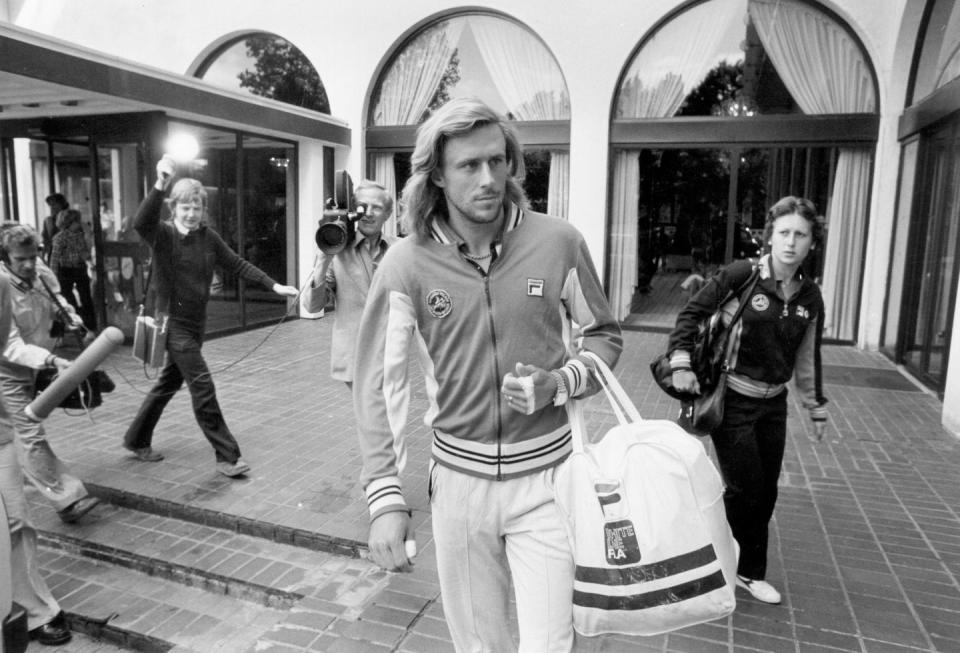 <p>Bjorn Borg being followed by a television crew at his hotel in London during Wimbledon in 1979.</p>