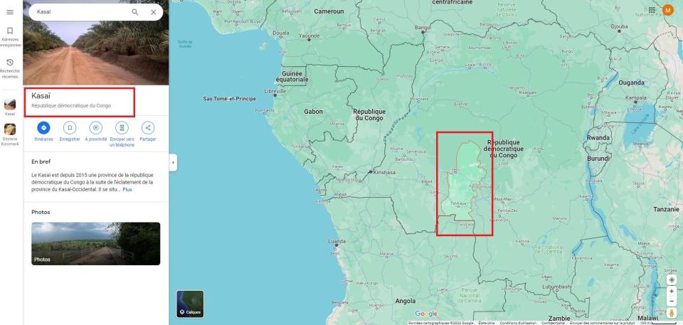<span>Localisation de la région du Kasaï, dans le centre de la RDC, sur Google Maps. Capture réalisée le 23 mai 2024</span>