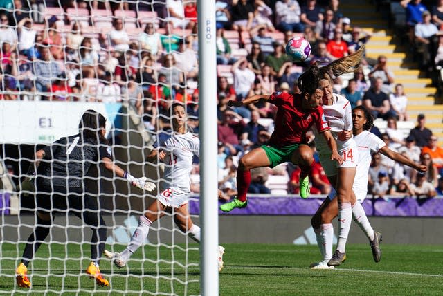 Rahel Kiwic (second right) scores Switzerland’s second goal against Portugal