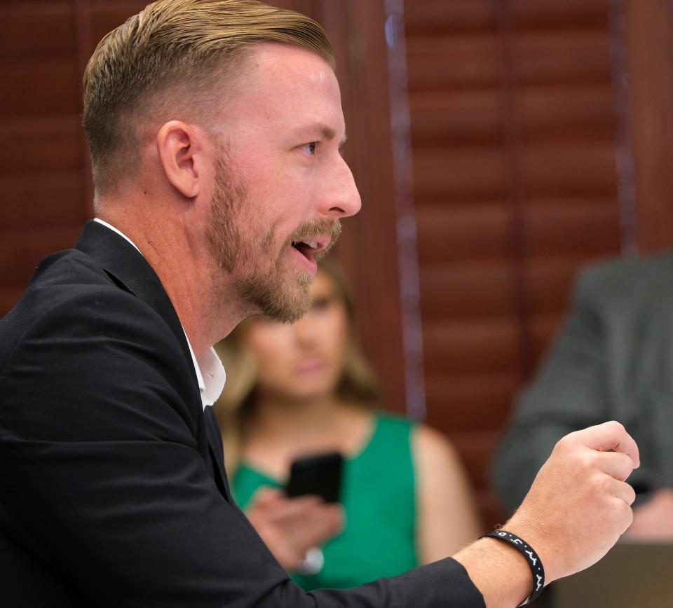 State schools Superintendent Ryan Walters, shown speaking at a September meeting of the Oklahoma State Board of Education, is now asking the Supreme Court of Oklahoma for permission to intervene in a lawsuit aimed at halting the creation of a Catholic charter school.