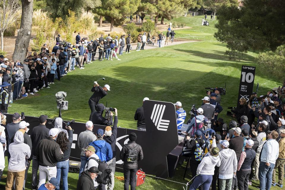 Brooks Koepka hits from the 10 tee during the first round of LIV Golf Las Vegas at Las Vegas Country Club on Thursday, Feb. 8, 2024 in Las Vegas. (Charles Laberge/LIV Golf via AP)