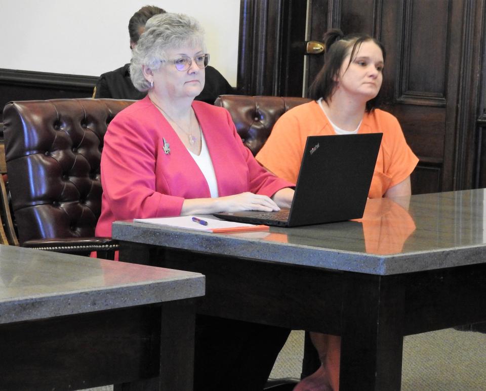 Attorney Marie Seiber with client Amber Quinn Monday in Coshocton County Common Pleas Court. Quinn was sentenced to three years of community control sanctions for charges related to theft from two auto shops.