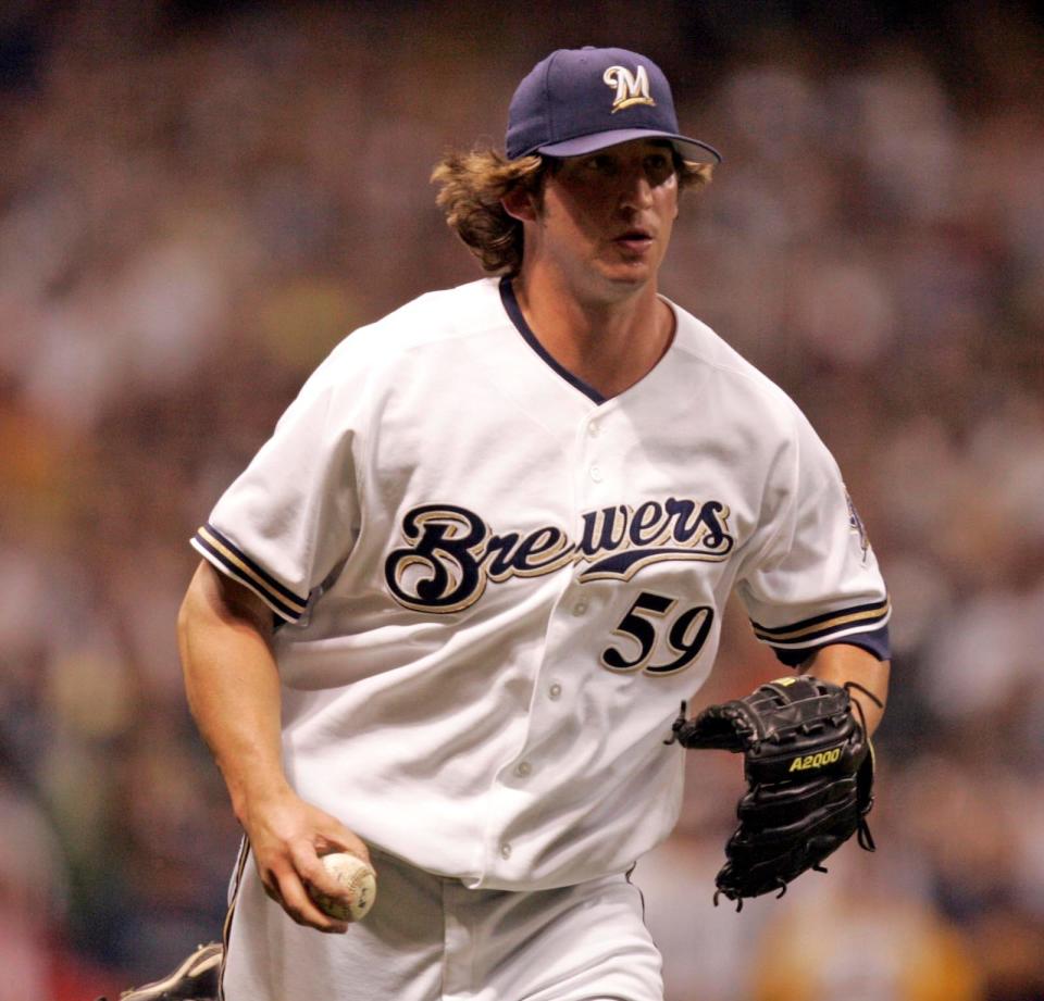 Brewer pitcher Derrick Turnbow secures the last out to save the game in the ninth during the Milwaukee Brewers-New York Yankees baseball game at Miller Park on June 7, 2005.