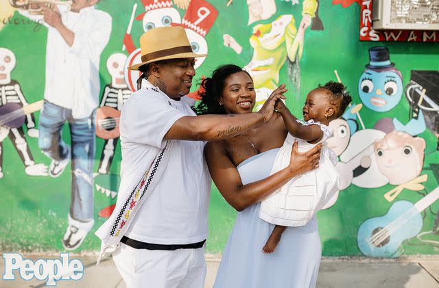 Bryan Tarnowski Kermit Ruffins and Harmonese Pleasant and their daughter Blossom outside of Kermit&#39;s Treme Mother-in-Law Lounge