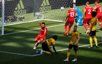 Soccer Football - World Cup - Group G - Belgium vs Tunisia - Spartak Stadium, Moscow, Russia - June 23, 2018 Tunisia's Dylan Bronn celebrates scoring their first goal REUTERS/Kai Pfaffenbach