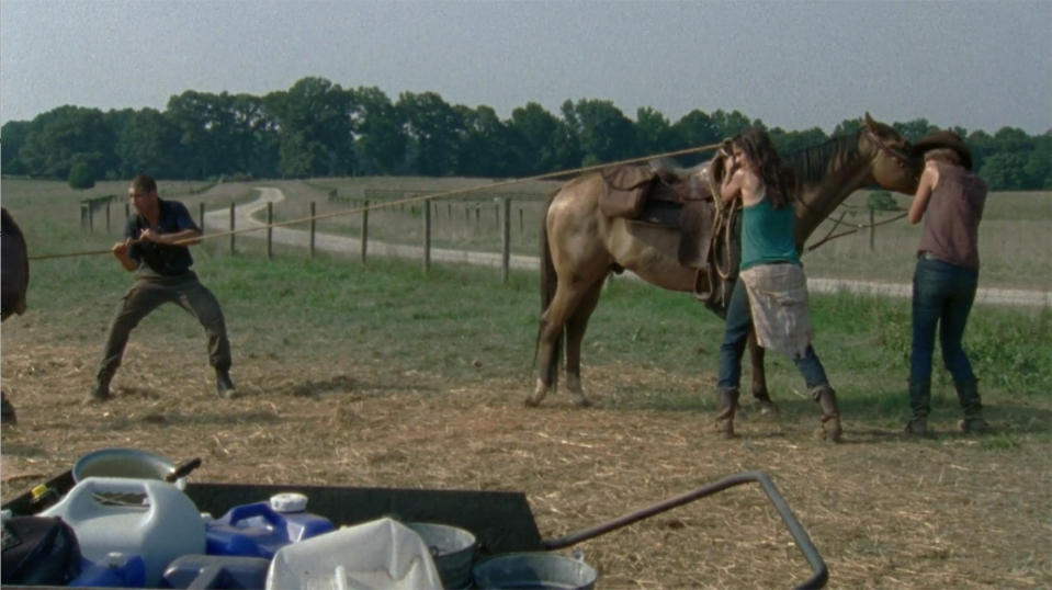 <p>Shane seemed to be the leader of the plot, so he’d get the pie, but in fairness, everyone involved was pie-to-the-face-worthy in this ill-fated attempt to pull a bloated walker out of a well on Hershel’s farm, lest he contaminate the water. While Bloaty was being hoisted out via the rope Glenn had slipped around him, he got stuck and was torn in half, spilling his innards into the well … i.e., serious contamination.<br>(Photo: AMC) </p>