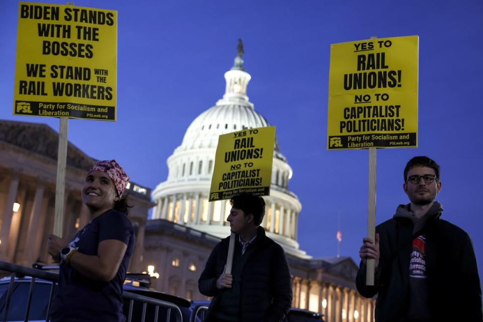 <div class="inline-image__caption"><p>Activists in support of unionized rail workers protest outside the U.S. Capitol Building on Nov. 29, 2022 in Washington, DC.</p></div> <div class="inline-image__credit">Anna Moneymaker/Getty Images</div>