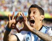 Argentina's Angel Di Maria celebrates scoring against Switzerland during extra time in their 2014 World Cup round of 16 game at the Corinthians arena in Sao Paulo July 1, 2014. REUTERS/Ivan Alvarado