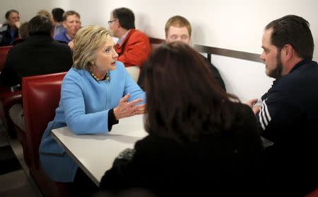 U.S. Democratic presidential candidate Hillary Clinton visits with employees during a campaign stop at Velcro Companies in Manchester, New Hampshire February 8, 2016. REUTERS/Brian Snyder