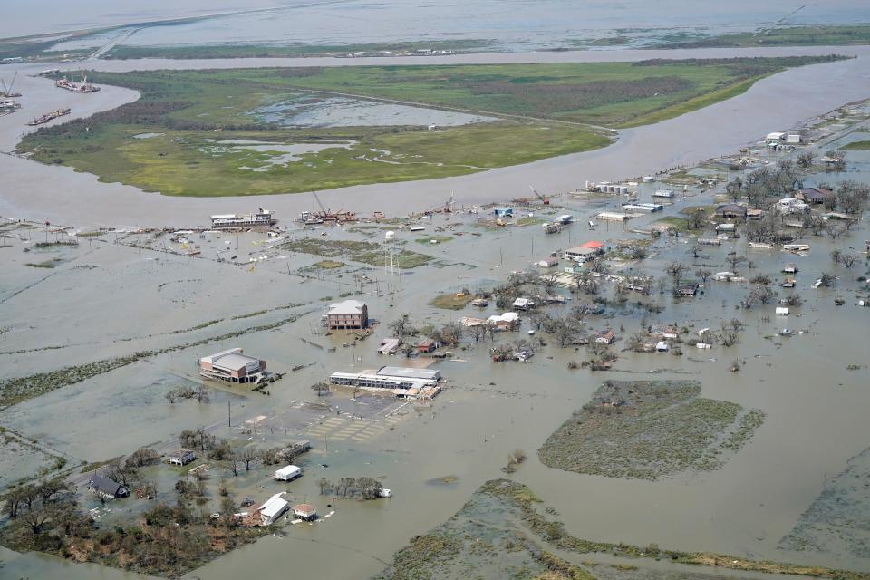 Buildings and homes are flooded in the aftermath of Hurricane Laura near Lake Charles, Louisiana.