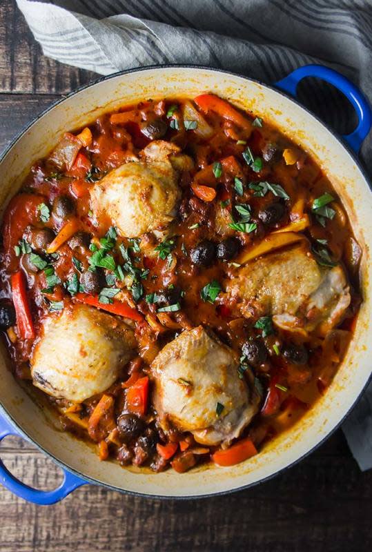 <p>Foraged Dish</p><p>Hearty, delicious and paleo-friendly, this chicken cacciatore is a one-pan meal to impress.</p><p><strong>Get the recipe: <a href="https://www.forageddish.com/blog/2015/3/14/one-pan-paleo-chicken-cacciatore/" rel="nofollow noopener" target="_blank" data-ylk="slk:One-Pan Chicken Cacciatore;elm:context_link;itc:0;sec:content-canvas" class="link ">One-Pan Chicken Cacciatore</a></strong></p>