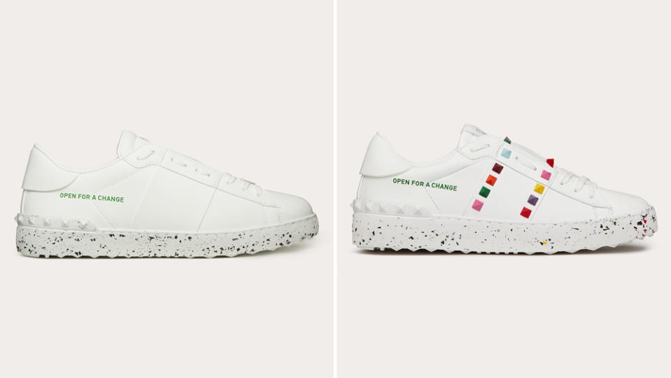 The solid white Open sneaker (left, 0) and the Rockstud Untitled (right, 0). - Credit: Valentino