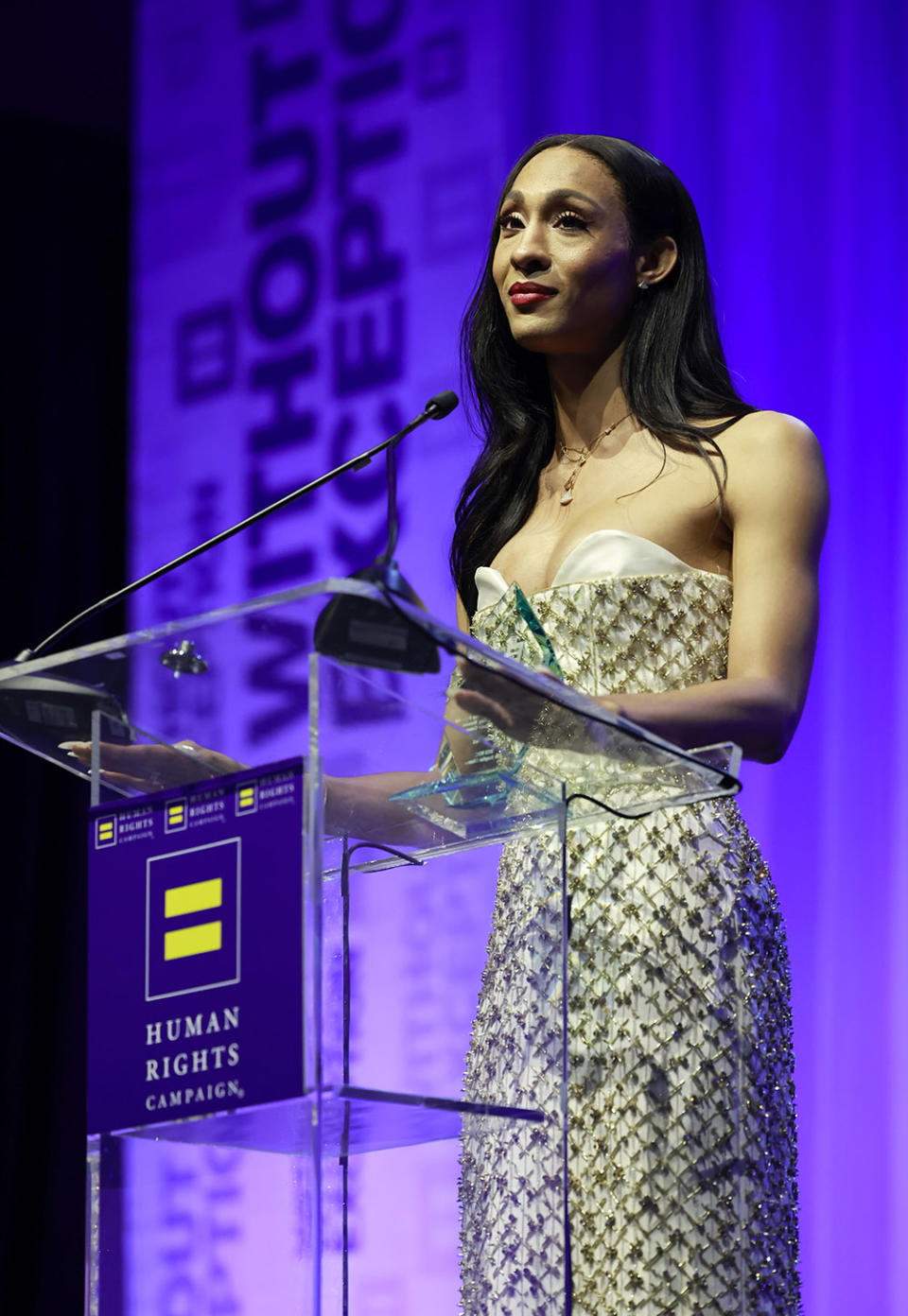 Michaela Jaé Rodriguez receives the Equality Award onstage during the Human Rights Campaign Dinner at JW Marriott Los Angeles L.A. LIVE on March 25, 2023 in Los Angeles, California.