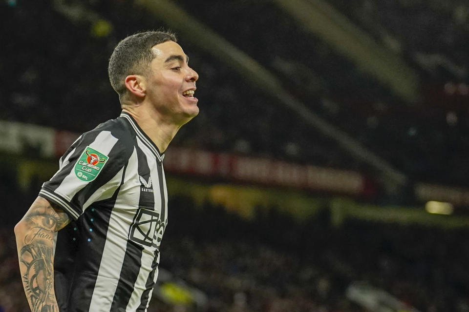 Newcastle's Miguel Almiron celebrates after scoring his side's opening goal during the EFL Cup fourth round soccer match between Manchester United and Newcastle at Old Trafford stadium in Manchester, England, Wednesday, Nov. 1, 2023. (AP Photo/Dave Thompson)