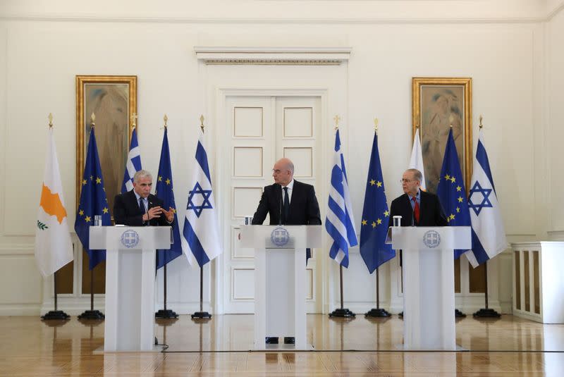 Greek Foreign Minister Nikos Dendias meets with his Israel and Cyprus counterparts, in Athens