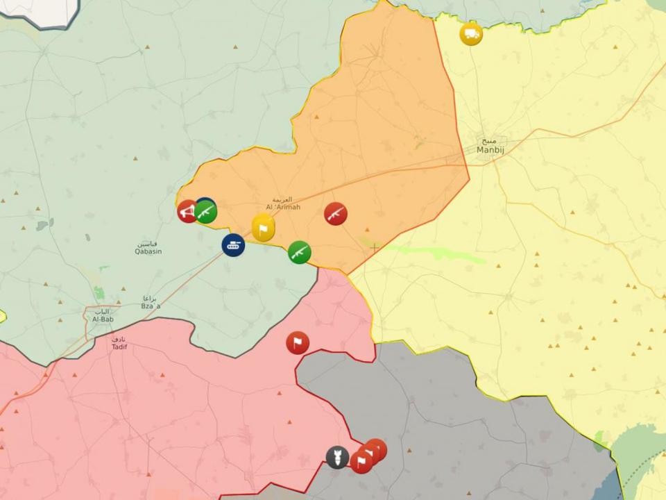 The converging frontlines near al-Bab between parties in the Syrian civil war. Territory controlled by Isis is seen in black, the Syrian government in red, Turkey-backed opposition in blue/green, Kurdish-led Syrian Democratic forces in yellow and Kurdish territory occupied by government forces in orange (Liveuamap)