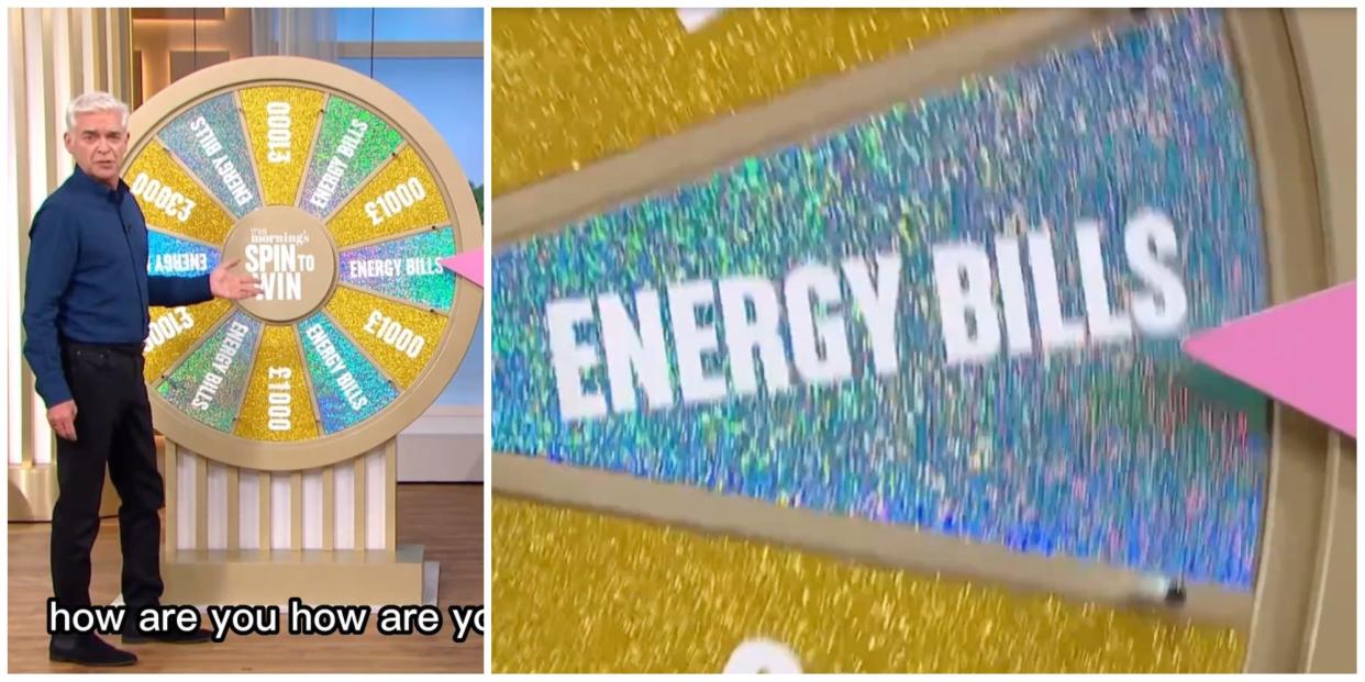 A composite image of TV show "This Morning" with a "Wheel of Fortune" styled game wheel (L). A close up (R) shows one prize as "energy bills."