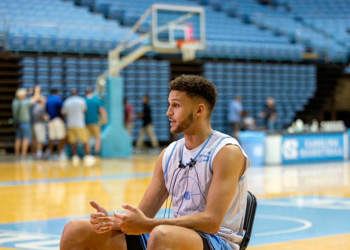 Pete Nance talks with the media about transferring to North Carolina from Northwestern, during a media availability on Monday, July 18, 2022 at the Smith Center in Chapel Hill, N.C.