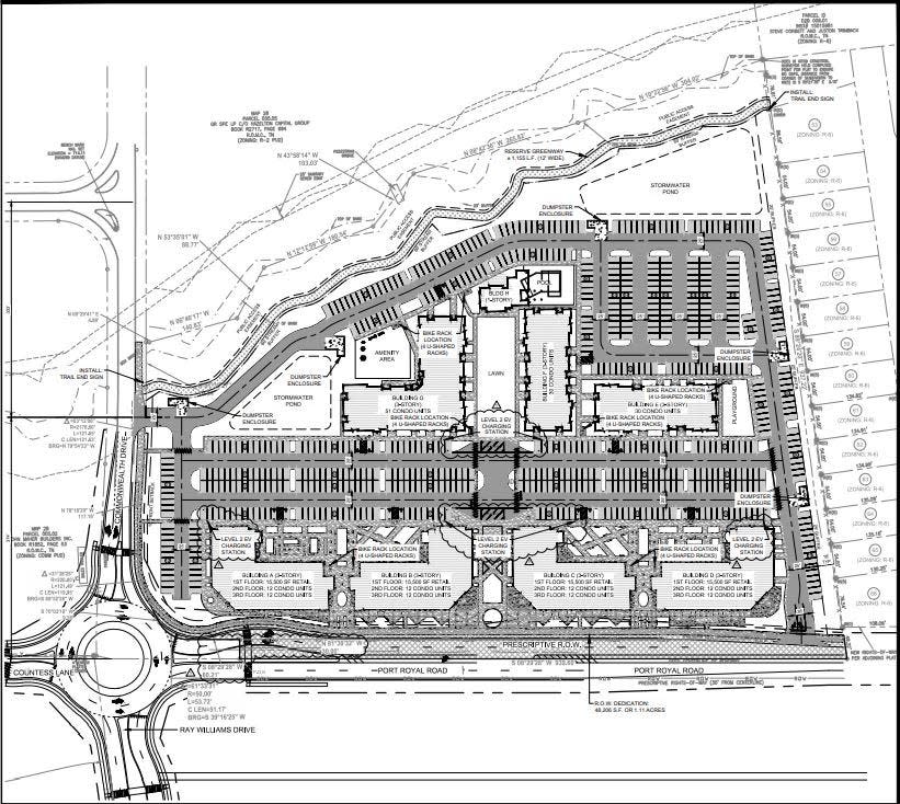 A concept of the proposed South Pointe Square, which would be located at the intersection of Port Royal Road and Commonwealth Drive. The site would include multiple buildings for retail and 207 multi-family units, as well as park space, pedestrian trails and other amenities.