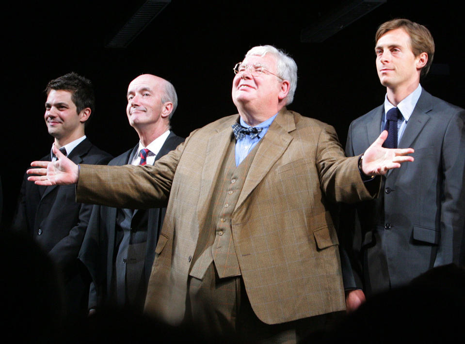 FILE - From left, actors James Corden, Clive Merrison, Richard Griffiths and Stephen Campbell Moore take the curtain call at the opening night of the play The History Boys, in this Sunday, April 23, 2006 file photo in New York. Griffiths, the British actor who played the boy wizard’s unsympathetic Uncle Vernon in the "Harry Potter" movies, has died . He was 65. (AP Photo/Dima Gavrysh, file)