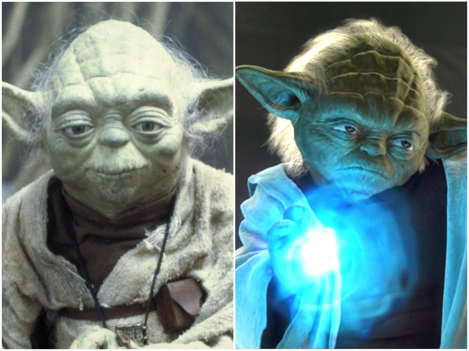 The puppet Yoda in the original Star Wars films, and his CGI replacement in ‘Attack of the Clones’ (Lucasfilm/Disney/Shutterstock)