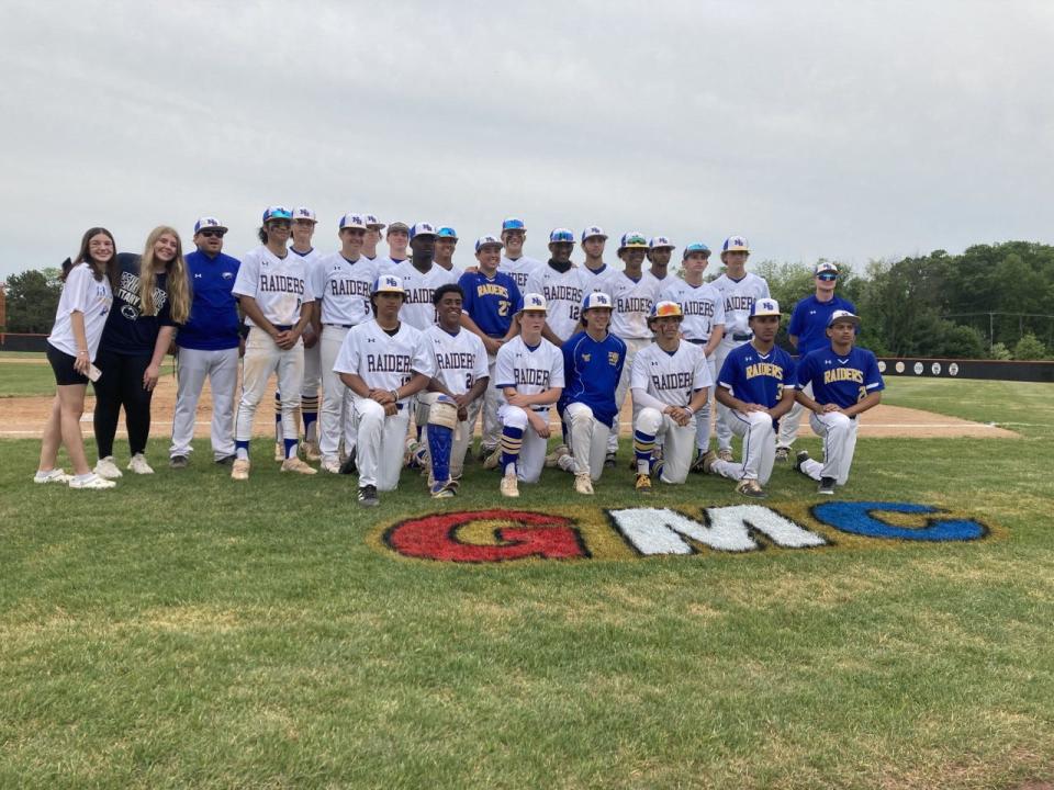 The North Brunswick baseball team poses after defeating Monroe 2-1 in the GMCT semifinals on May 13, 2023