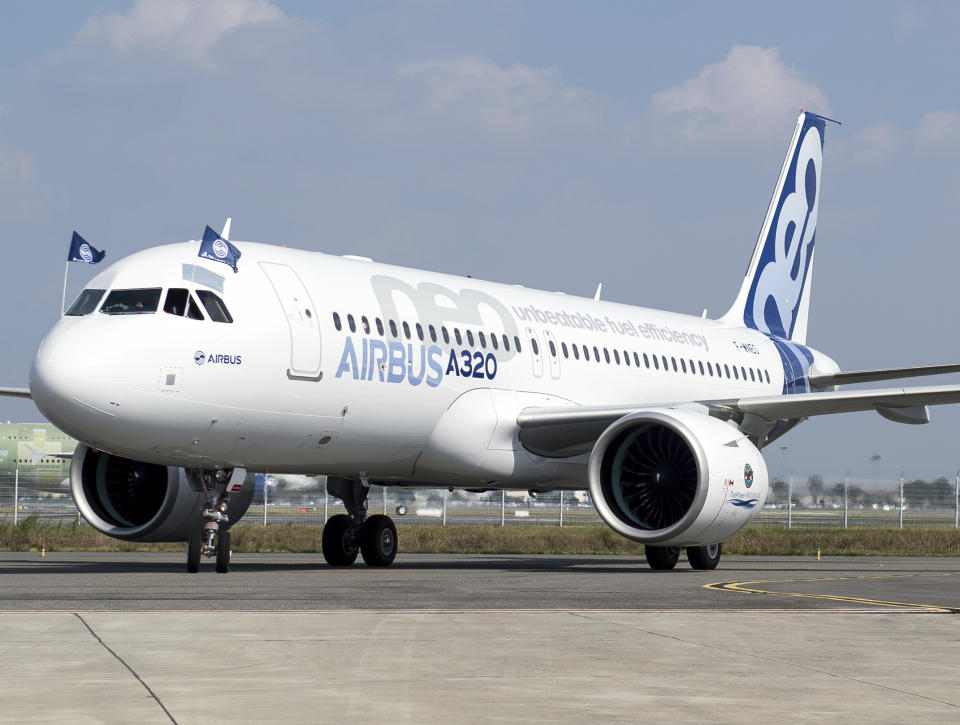 FILE - The new Airbus A320neo rolls on the runway of Toulouse-Blagnac airport, southwestern France, after successfully completing its first flight, Thursday, Sept. 25, 2014. Airbus is urging stepped-up European cooperation to ensure the continent's security and future access to space, after a year that saw the planemaker suffer fallout from Russia's war in Ukraine and the crash of a multibillion-euro European rocket. The company on Thursday Feb.16, 2023 reported a record overall 2022 profit of 4.25 billion euros. ( (AP Photo/Frederic Lancelot, File)