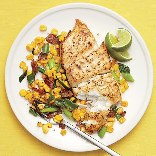 Halibut with Bacony Corn Sauté