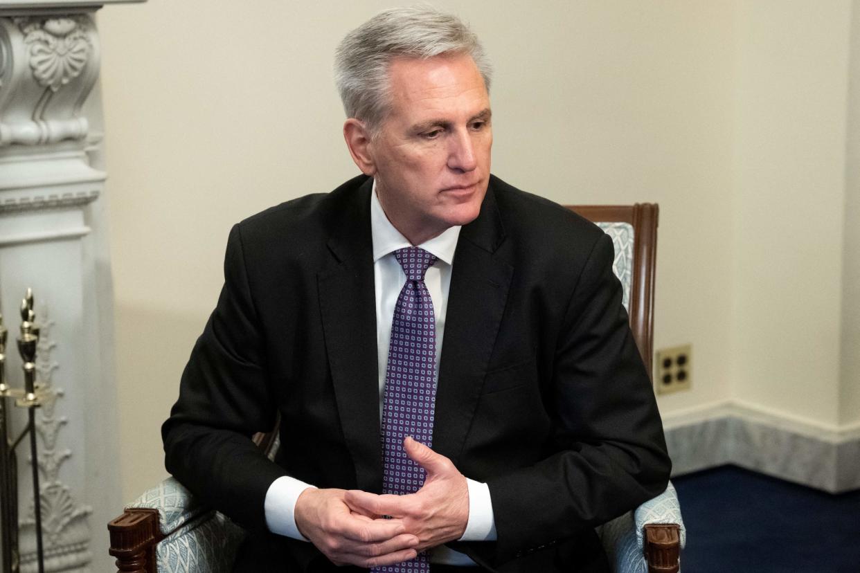 US Speaker of the House Kevin McCarthy, Republican of California, looks as he meets with King Abdullah II of Jordan at the US Capitol in Washington DC, on January 31, 2023. (Photo by SAUL LOEB / AFP) (Photo by SAUL LOEB/AFP via Getty Images)