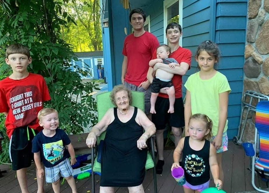 Oddfrid Tokle, known as 'Mor Mor' (mother's mother in Norwegian), with her seven great-grandchildren. Tokle, 98, died in a house fire in the Lake Telemark section of Rockaway Township on April 18, 2022.