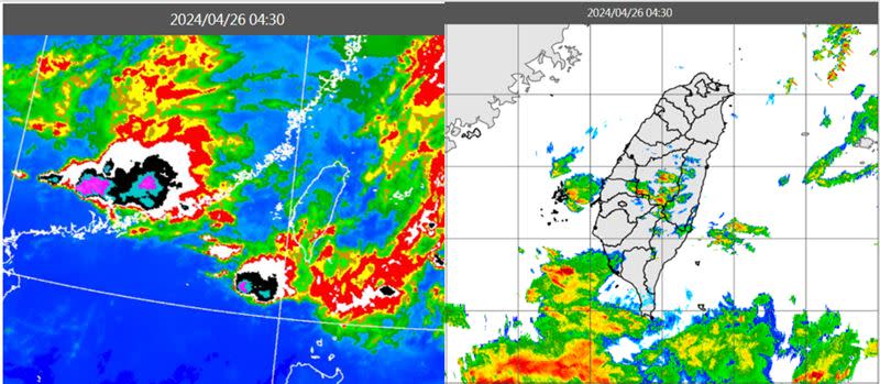 圖：今(26日)晨4：30紅外線色調強化雲圖顯示，對流雲系在巴士海峽，廣東、福建另有對流雲系接近中(左圖)；4：30雷達回波合成圖顯示，台灣上空有零散的降水回波(右圖)。