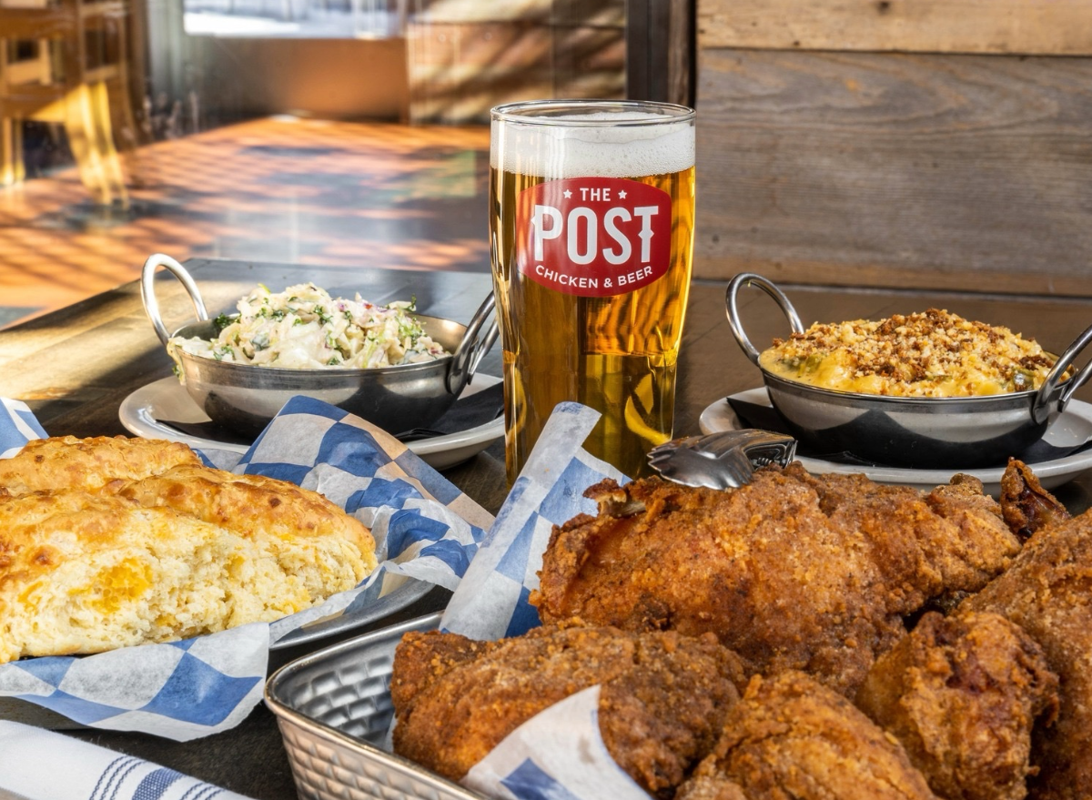 fried chicken with a beer and mac n cheese.