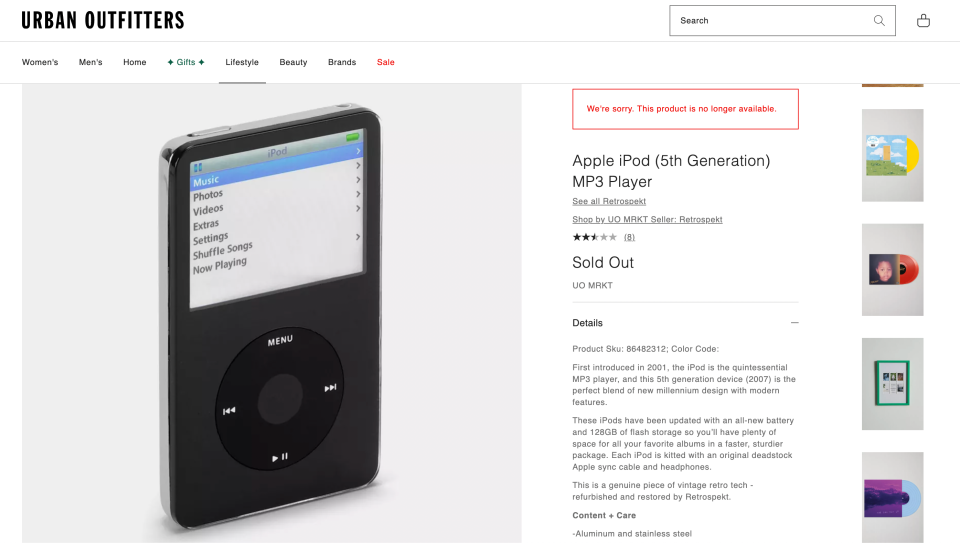 Ein Screenshot des ausverkauften Vintage-iPods auf der Website von Urban Outfitters. - Copyright: Urban Outfitters