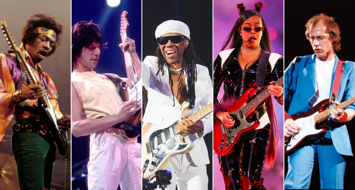  Iconic Strat players: [L-R] Jimi Hendrix, Jeff Beck, Nile Rodgers, H.E.R., Mark Knopfler. 