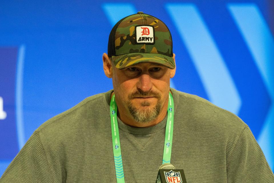 Detroit Lions coach Dan Campbell speaks with media during the NFL combine at Indiana Convention Center, Feb. 27, 2024 in Indianapolis.