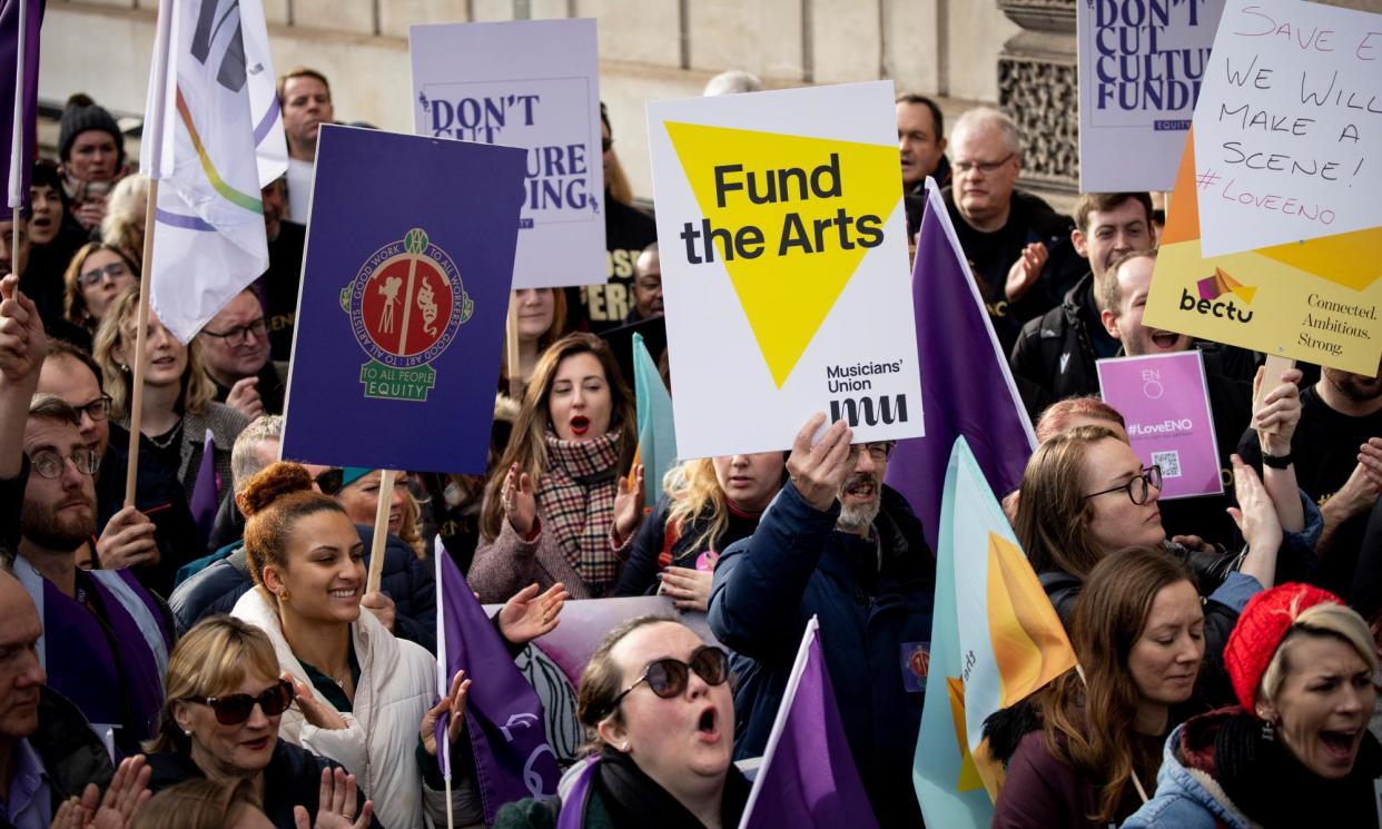 <span>Entertainment industry workers protest against arts funding cuts outside the DCMS in London in November 2022.</span><span>Photograph: Tolga Akmen/EPA</span>