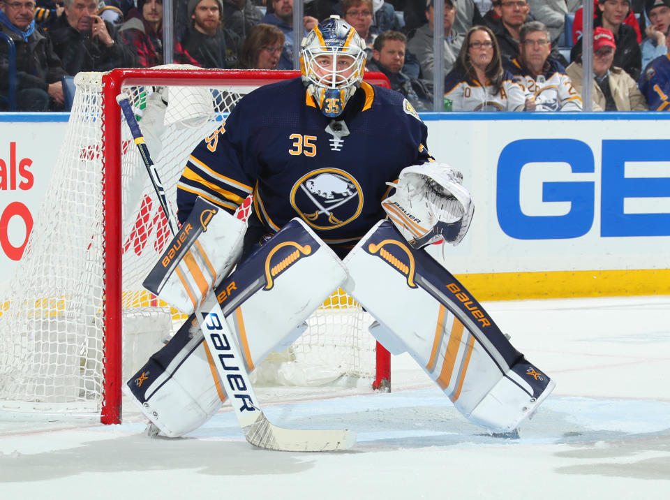 Linus Ullmark #35 of the Buffalo Sabres tends goal 