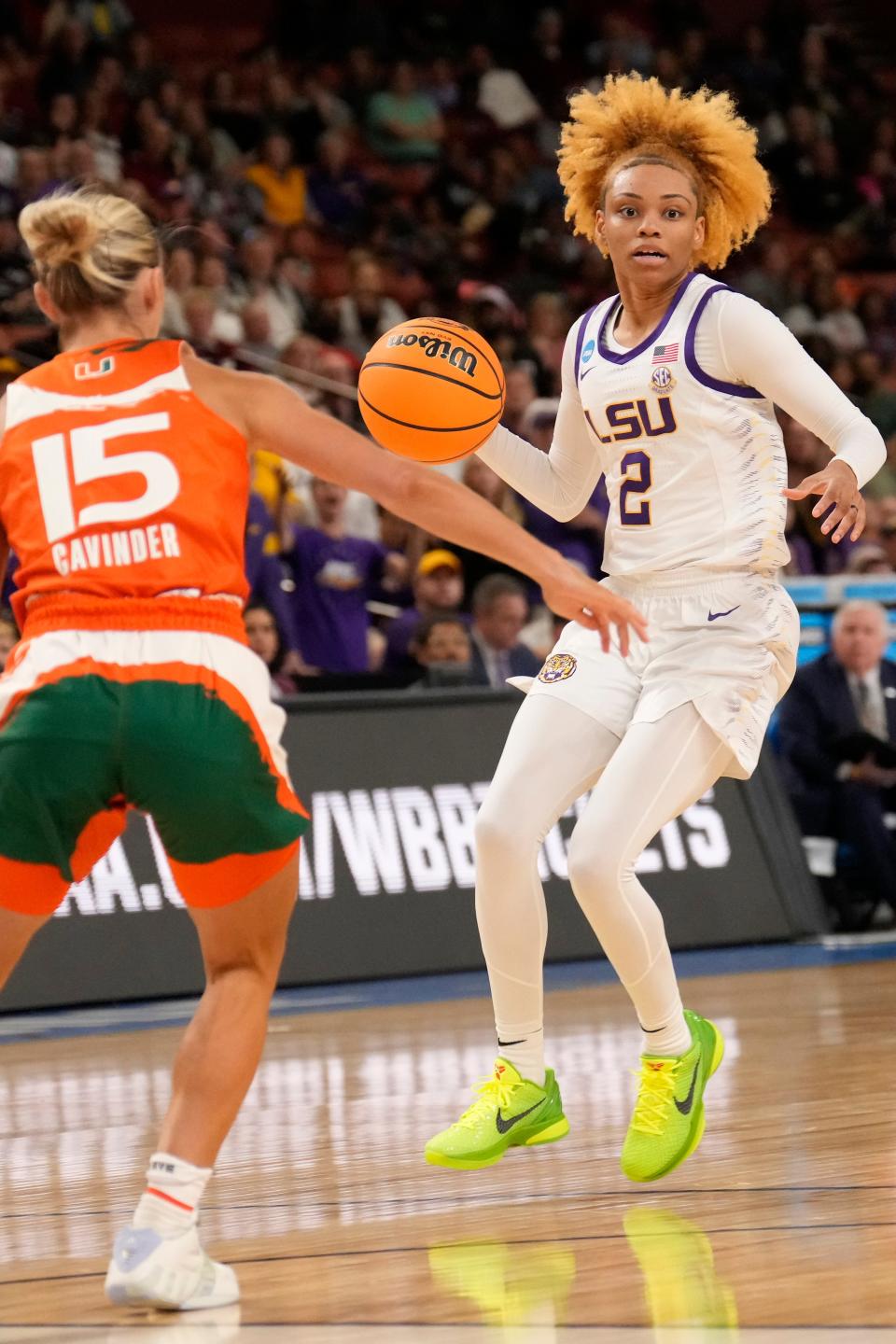 LSU's Jasmine Carson (2) looks to pass against Miami.