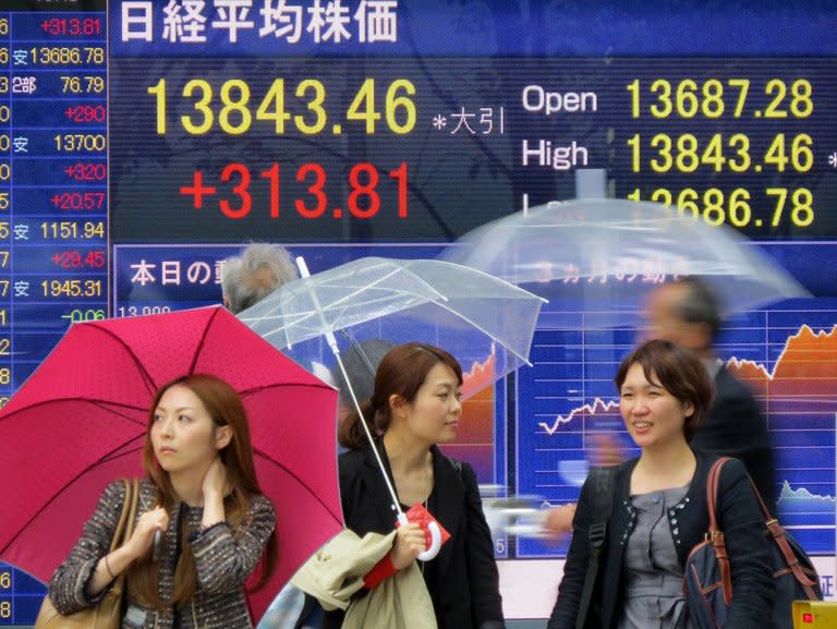 Pedestians stand in front of a share price board showing the numbers at the Tokyo Stock Exchange in Tokyo on April 24, 2013. Asian markets were mostly up on Thursday in quiet trade after an anaemic close on Wall Street, while the dollar's recent rally seemed to have levelled out just short of the 100 yen mark