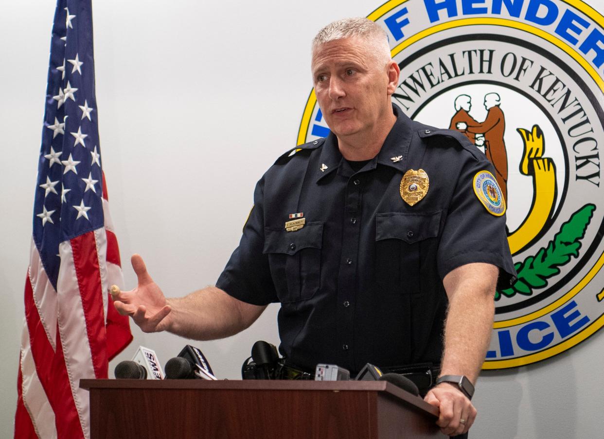 Henderson Police Chief Sean McKinney holds a press conference after officials pulled what they believe to be is the body of escaped Ohio prisoner 50-year-old Bradley Gillespie from the Ohio River in Henderson, Ky., Sunday afternoon, May 28, 2023. The discovery of the body ends the five-day search in Henderson County for the escaped killer who reportedly escaped from the Allen/Oakwood Correctional Institution in Lima, Ohio, on Tuesday along with inmate James Marion Lee.