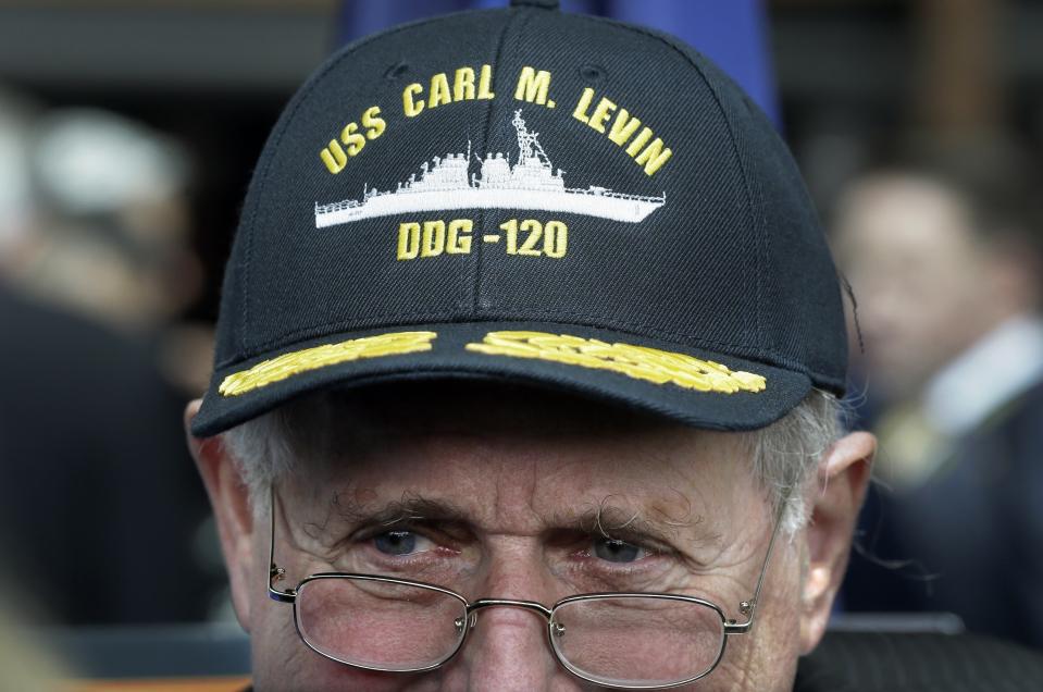 FILE - In this April 11, 2016 file photo, former U.S. Sen. Carl Levin wears his battleship cap during a ceremony in Detroit. Former Sen. Carl Levin, a powerful voice for the military during his career as Michigan’s longest-serving U.S. senator, has died. The Democrat was 87. Levin’s family says Levin died Thursday, July 29, 2021. (AP Photo/Carlos Osorio File)