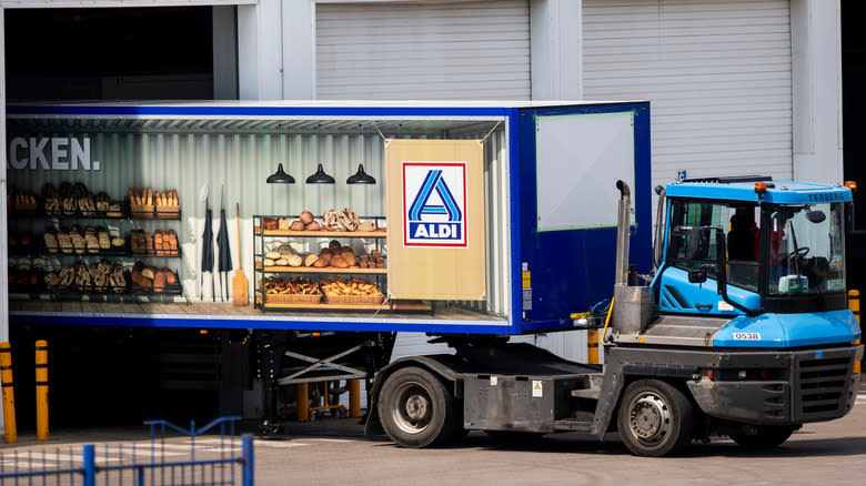 Aldi truck parked at warehouse