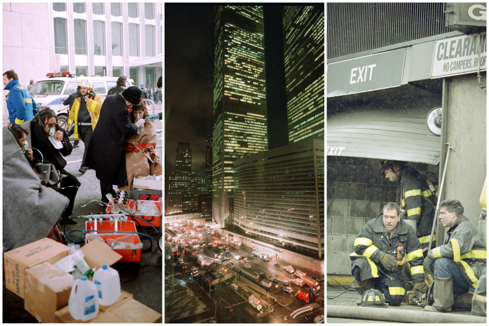 Survivors and first responders at the scene after an explosion which rocked New York's World Trade Center  in lower Manhattan on Feb. 26, 1993.