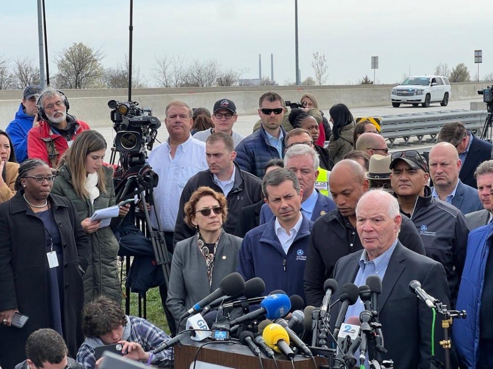 U.S. Sen. Ben Cardin, D-Md., speaks near the site of the Francis Scott Key Bridge in Dundalk, Maryland on March 26, 2024.