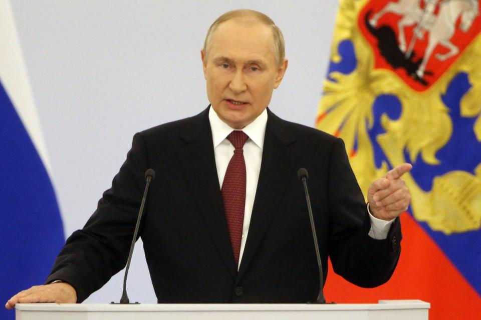 MOSCOW, RUSSIA - SEPTEMBER 30 (RUSSIA OUT) Russian President Vladimir Putin speaks during the signing ceremony with separatist leaders on the annexation of four Ukrainian regions at the Grand Kremlin Palace, on September 30, 2022 in Moscow, Russia. Separatist leaders of annexed Donetsk, Lugansk, Kherson and Zaporizhzhya regions of Ukriane have arrived in Moscow to sign joint documents. (Photo by Contributor/Getty Images)