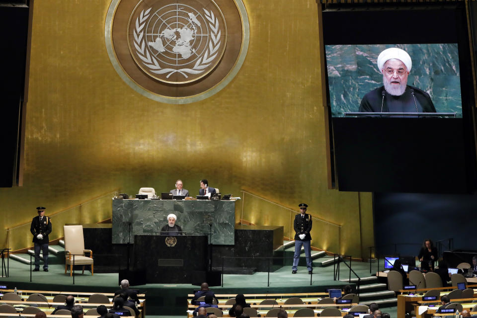 Iran's President Hassan Rouhani addresses the 73rd session of the United Nations General Assembly, at U.N. headquarters, Tuesday, Sept. 25, 2018. (AP Photo/Richard Drew)