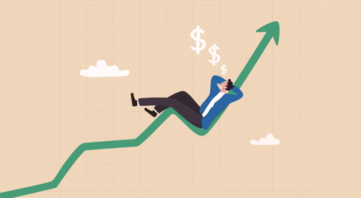 An image of a man relaxing, sleeping on a stock growth chart; growth stocks